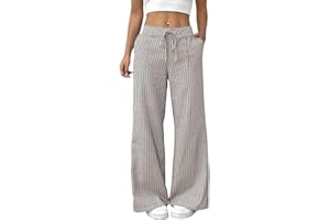 Cotton Linen Pants for Women Summer Wide Leg Striped Palazzo Pants Elastic Waist Drawstring Lightweight Beach Trouser