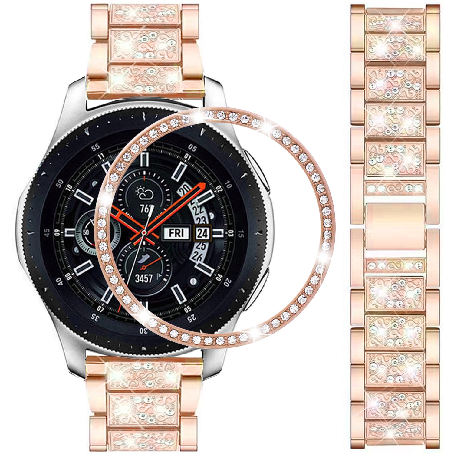 DEALELE Strap Compatible with Samsung Gear S3 Frontier / Classic / Galaxy Watch 46mm, 22mm Rhinestone Diamond Metal Steel Bracelet with Watch Face Bezel Ring Cover Replacement for Women Men, Rosegold