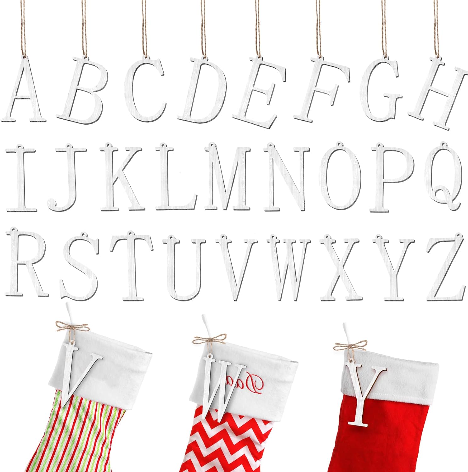 Stockings & Holders - 26 Pieces Christmas Stocking Tags Letter Personalized Tags Farmhouse Name Hanging Tags Christmas Stocking Cutout Tag for Christmas Rustic Decor (White, Wood)