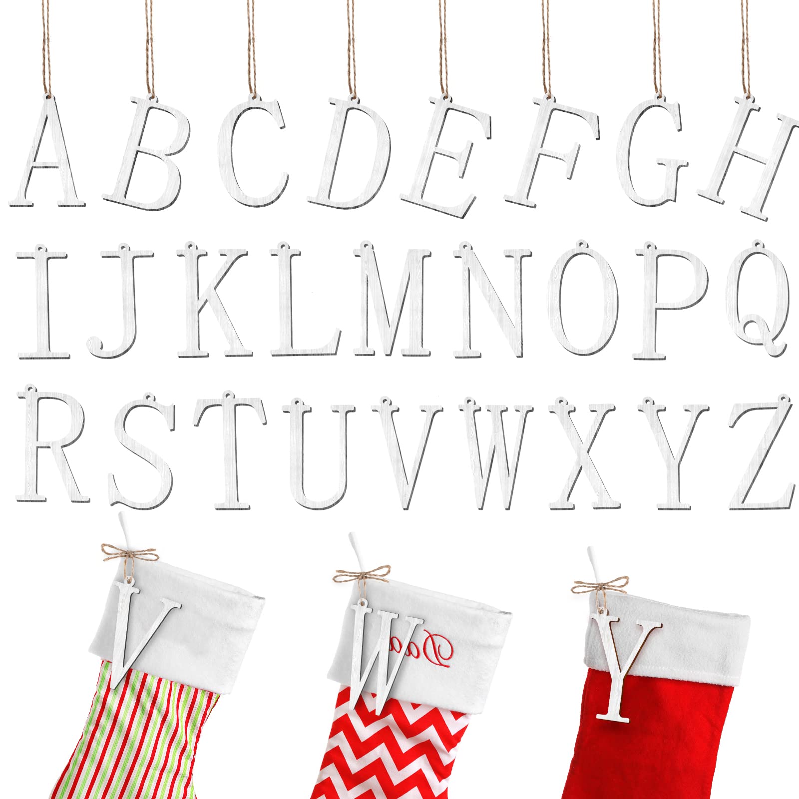 26 Pieces Christmas Stocking Letter Tags Wood Letter Cutout Tags Christmas Stocking Wood Tag Signs Farmhouse Christmas Stocking Tags with Ropes for Christmas Stocks Decor (White)