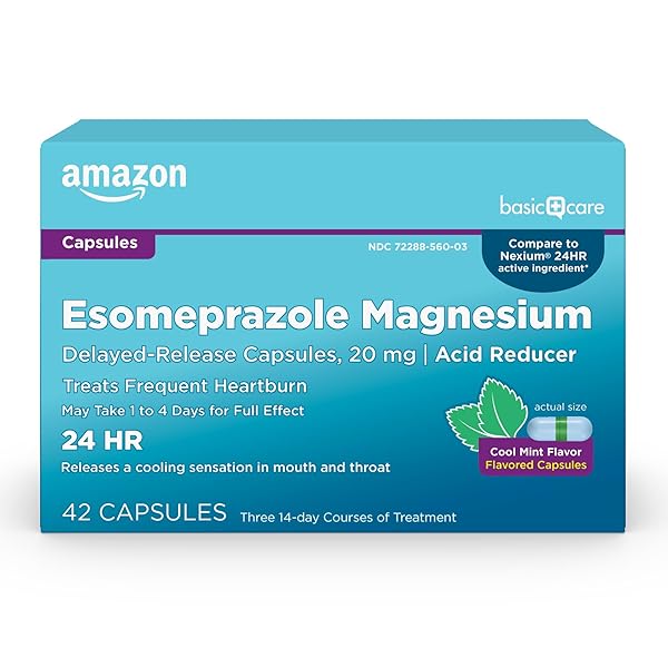 AMAZON BASIC CARE ESOMEPRAZOLE MAGNESIUM DELAYED-RELEASE CAPSULES 20 MG, ACID REDUCER, COOL MINT, 42 COUNT (3 PACKS OF 14)