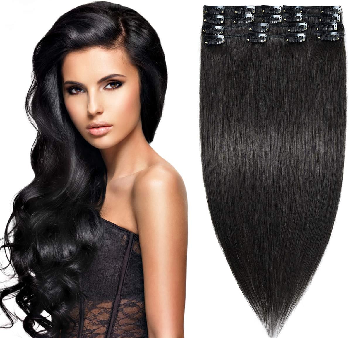 Modernfairy Hair Real Human Hair Extensions Clip in Full Head Thick Straight Remy Hair Extensions for Women 8Pcs 18 Clips 18"-70g Natural Black (#1B)