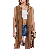 Plustrong Womens Fringe Vest Cowgirl 70s Hippie Sleeveless Western Faux Suede Tassel Tops
