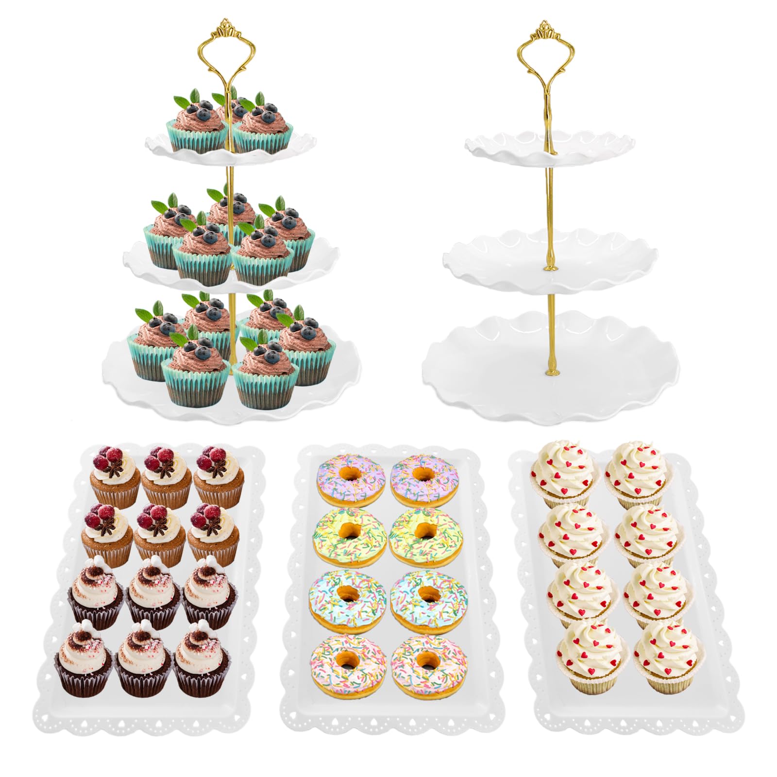 Photo 1 of NAXIHOPT 5 Pcs Dessert Table Display Set, White Plastic 2 Pcs Round 3 Tier Cupcake Stand Cup Cake Tower Stand with Metal Rod & 3 Pcs Serving Tray for Baby Shower, Tea Party, Wedding, Birthday Party