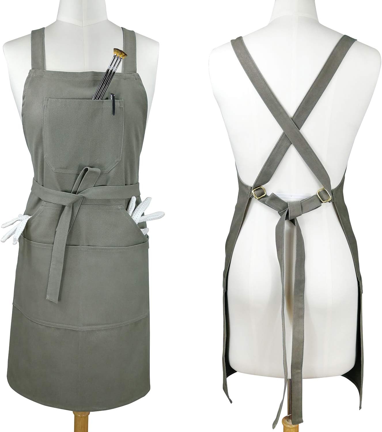 Soft Cotton Canvas Apron, Cross Back + Fasten/Quick Release Buckle + 6 Pockets + 2 Towel Loops Professional Bib For Artist Kitchen Cooking Women Men,Adjustable to XXL,27"X31"