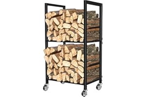 Lilybud--lily Firewood Rack Indoor Fireplace Log Holder with Wheels, 2 Tier Fire Wood Holder Outdoor Small Firewood Storage Rack Log Storage Stacker Stand for Patio, Fire Pit