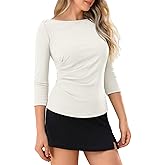 Boat Neck 3/4 Sleeve Tops for Women Ruched Side Ribbed T-Shirts Fitted Casual Basic Tees Summer Fall Outfits Going Out Top White-b