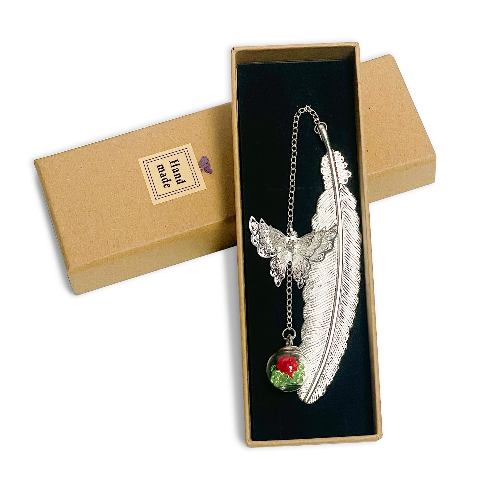 Metal Feather Bookmark with Butterfly Pendant - Ideal Gifts for Christmas Day, Vintage Design Book Mark Birthday Gifts for Reading Lovers Teachers Women Girls (Silver)