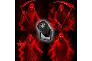 RJZZ 4 in 1 Grim Reaper Halloween Projector Lights Indoor Rotating LED Digital Ghost Projector Halloween Indoor Wall Party Home House Patio Garden Yard Halloween Lights Decorations