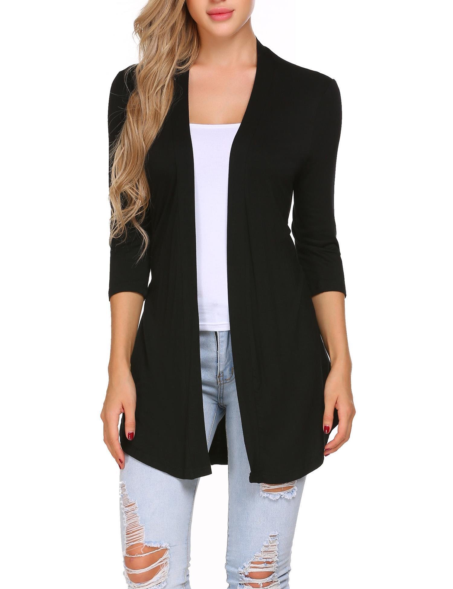 Zeagoo Women\'s long Sleeve Draped Open Front Longline Asymmetrical Hem Kimono Cardigan w/ Belt (Black/M)