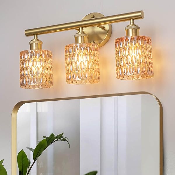 LAPMUNG BATHROOM VANITY LIGHT, GOLD WALL FIXTURE OVER MIRROR, GREEN GLASS SHADE LIGHTING WITH BULBS INCLUDED FOR BEDROOM & LIVING ROOM,2-LIGHTS