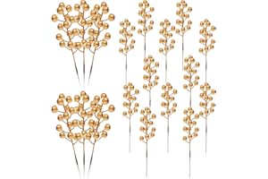 Tmflexe 20Pcs Gold Berries Stems Pine Picks Artificial Plants Small Pine Picks for Christmas Flower Arrangements Wreaths and Festival Holiday Home Decor, Christmas Decorations