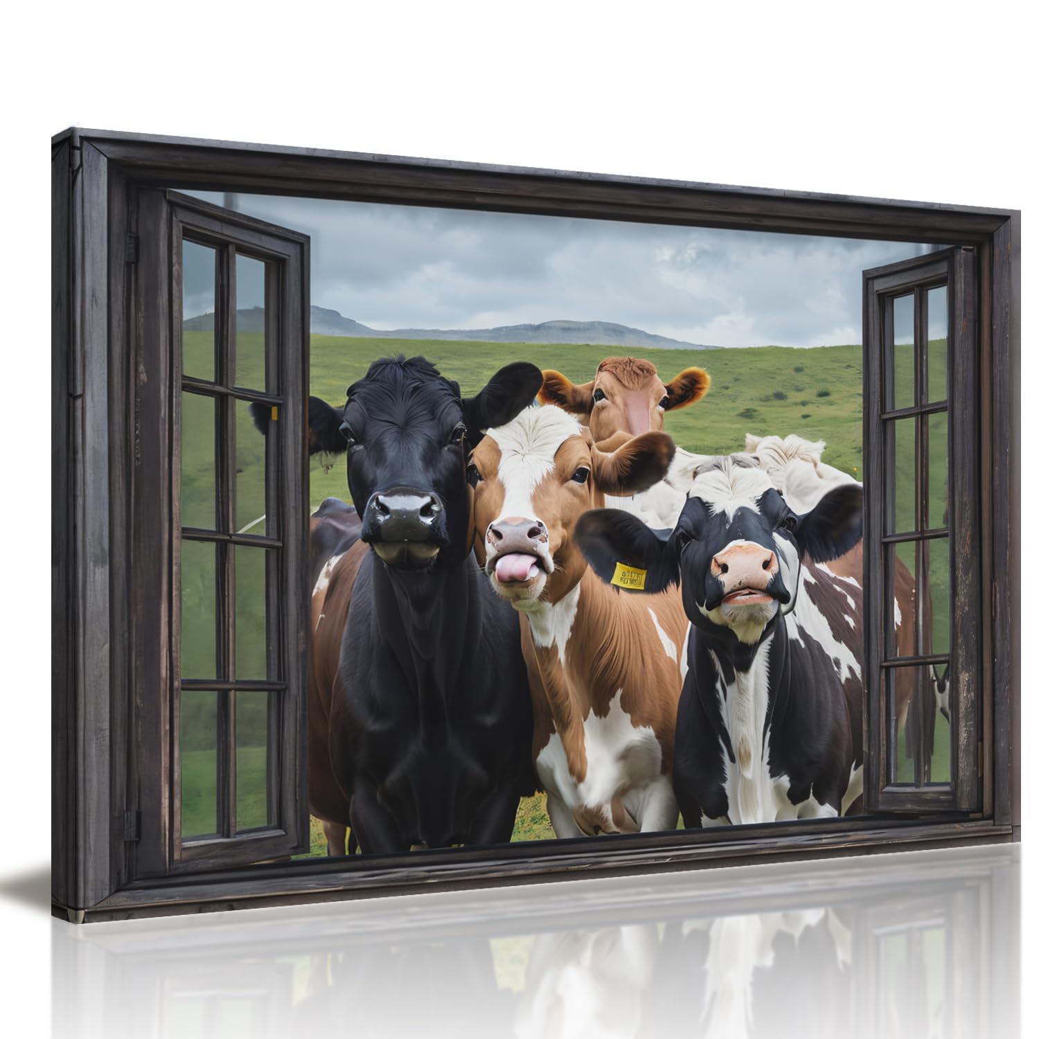 Farmhouse Cow Wall Art Rustic Funny Friends in The Window Landscape Cattle Canvas Print Picture Farm Animal Painting Artwork for Bathroom Bedroom Living Room Decor