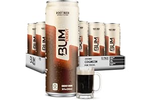 BUM ENERGY BUM Sugar-Free Energy Drink, Root Beer - Lightly Carbonated & No Artificial Colors, Natural Caffeine & Citicoline for Energy & Focus, Brain Boost & Workout Sports Beverage - 12 oz, Pack of 12