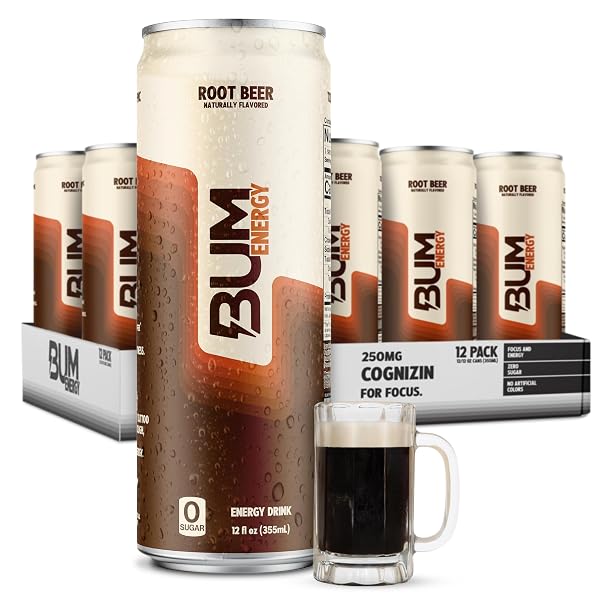 BUM SUGAR-FREE ENERGY DRINK, ROOT BEER – LIGHTLY CARBONATED & NO ARTIFICIAL COLORS, NATURAL CAFFEINE & CITICOLINE FOR ENERGY & FOCUS, BRAIN BOOST & WORKOUT SPORTS BEVERAGE – 12 OZ, PACK OF 12