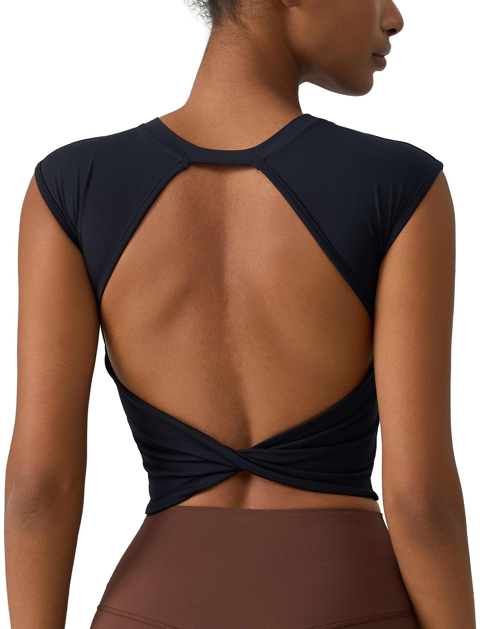 Photo 1 of Women's Workout Athletic Shirts Sexy Open Back Sports Bra Tank Top Casual Tight T Shirts with Built in Bra Black