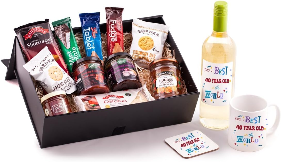 40 Year Old Birthday Hamper - Unique gift idea for any 40th Birthday. Includes best 40 year old in the wine, mug and coaster to make a special present for him or her.
