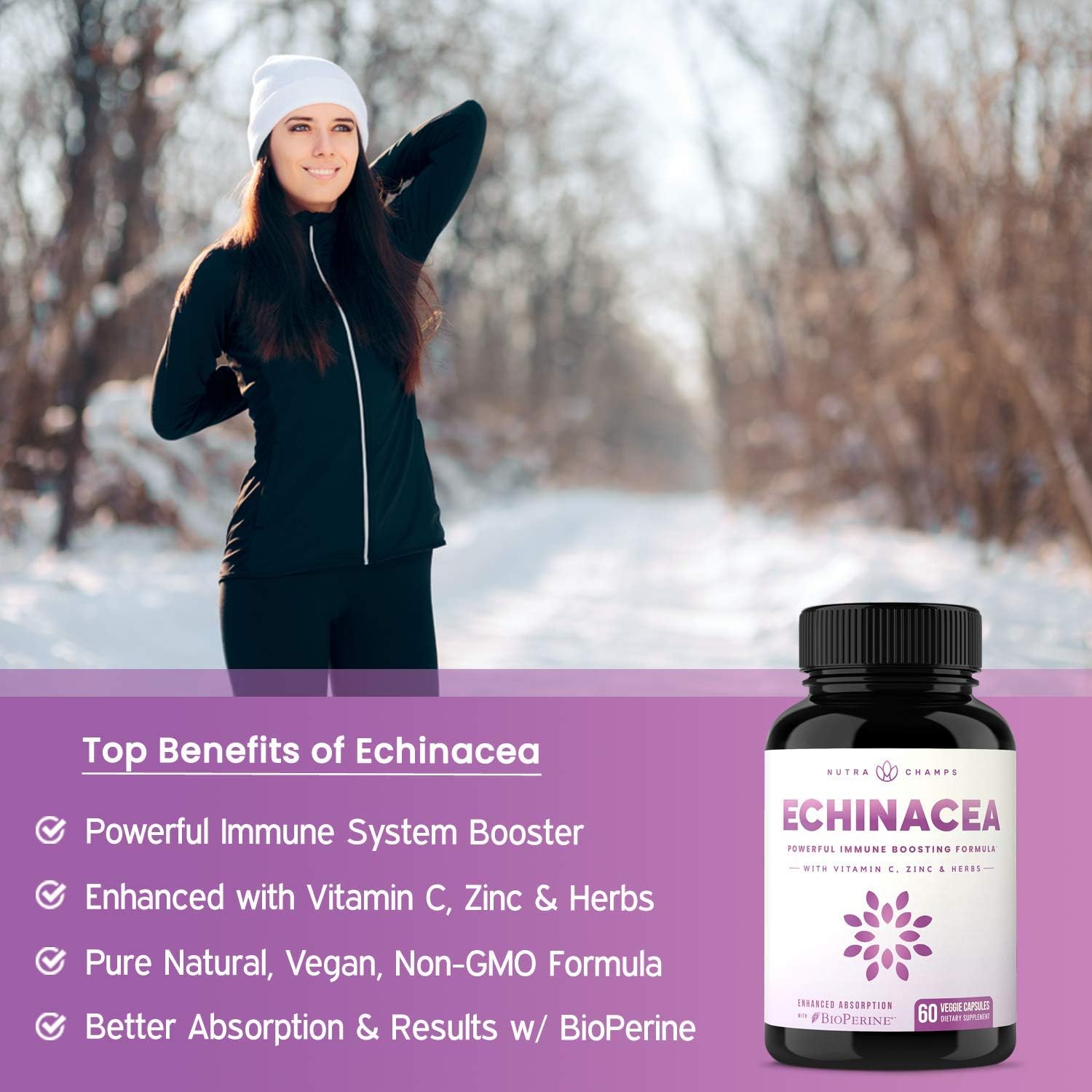 Echinacea Extract 1000mg Supplement with Goldenseal, Elderberry, Organic Reishi, Ginger, Vitamin C & Zinc - BioPerine for Superior Absorption - Immune System Boost & Overall Wellness Vegan Capsules: Health & Personal Care