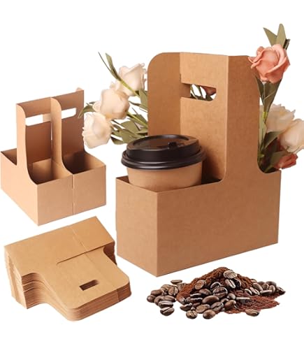 4-Cup Kraft Paper Drink Carrier - Disposable Cup Holder For Food Delivery & Takeout (50 Pack)