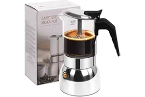 Vaolvpant 6 Cup Glass Clear Moka Pot Thickened 304 Stainless Steel Stovetop Espresso Maker Italian Coffee Machine 300ml 10.6oz Classic Mocha Cafe Greca Coffee Suitable for Gas Induction