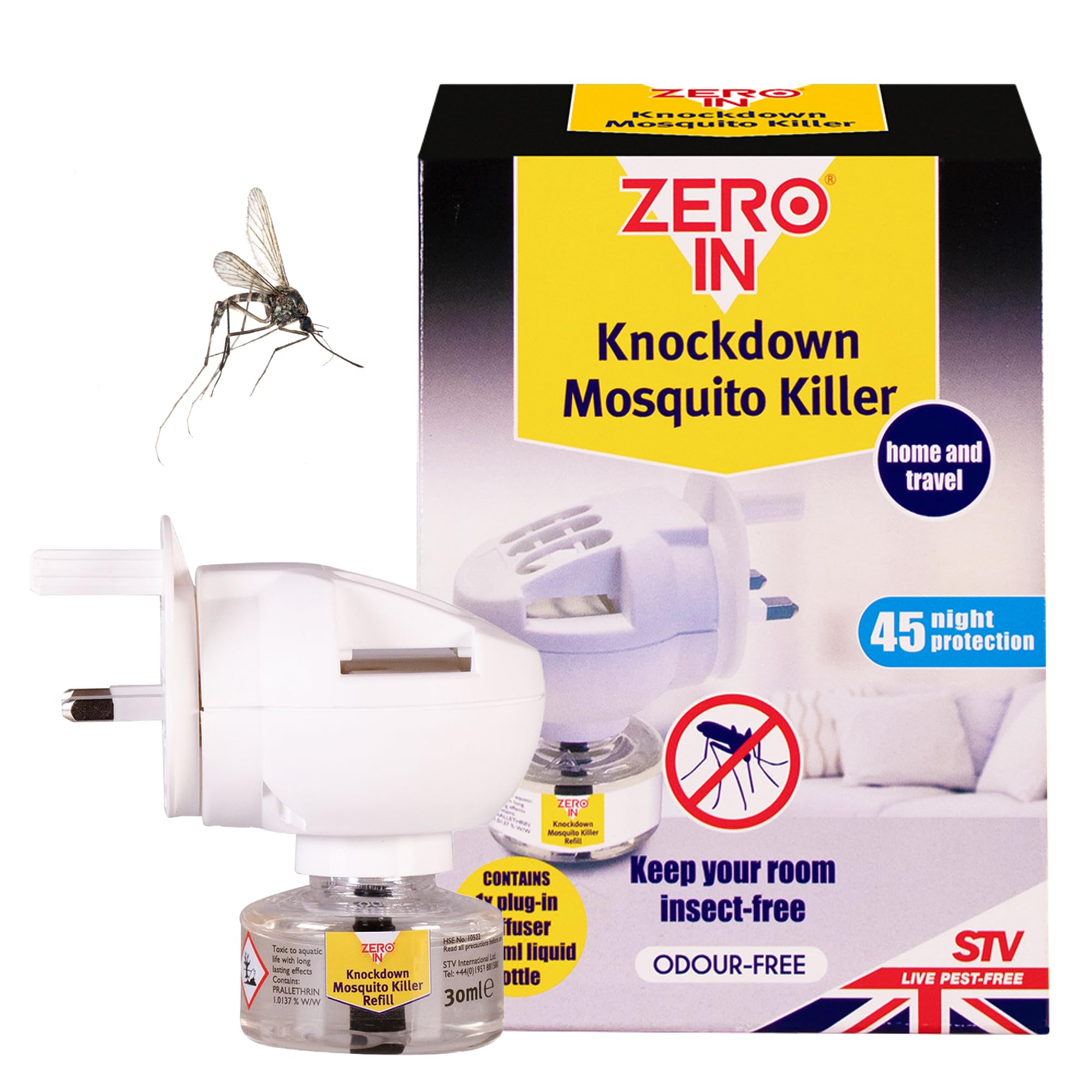 Zero In Knockdown Plug-In Mosquito Killer - Odour-Free Plug-In Insect Repellent Unit - Kills Mosquitoes, Midges, & Biting Insects on Contact - Provides Up to 45 Nights of Protection - 30ml Bottle