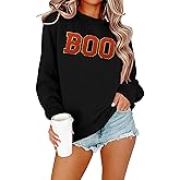 BINLANHANAT Halloween BOO Sweatshirt Women Ghost Chenille Patch Sweatshirts Spooky Season Fall Embroidered Pullover Top