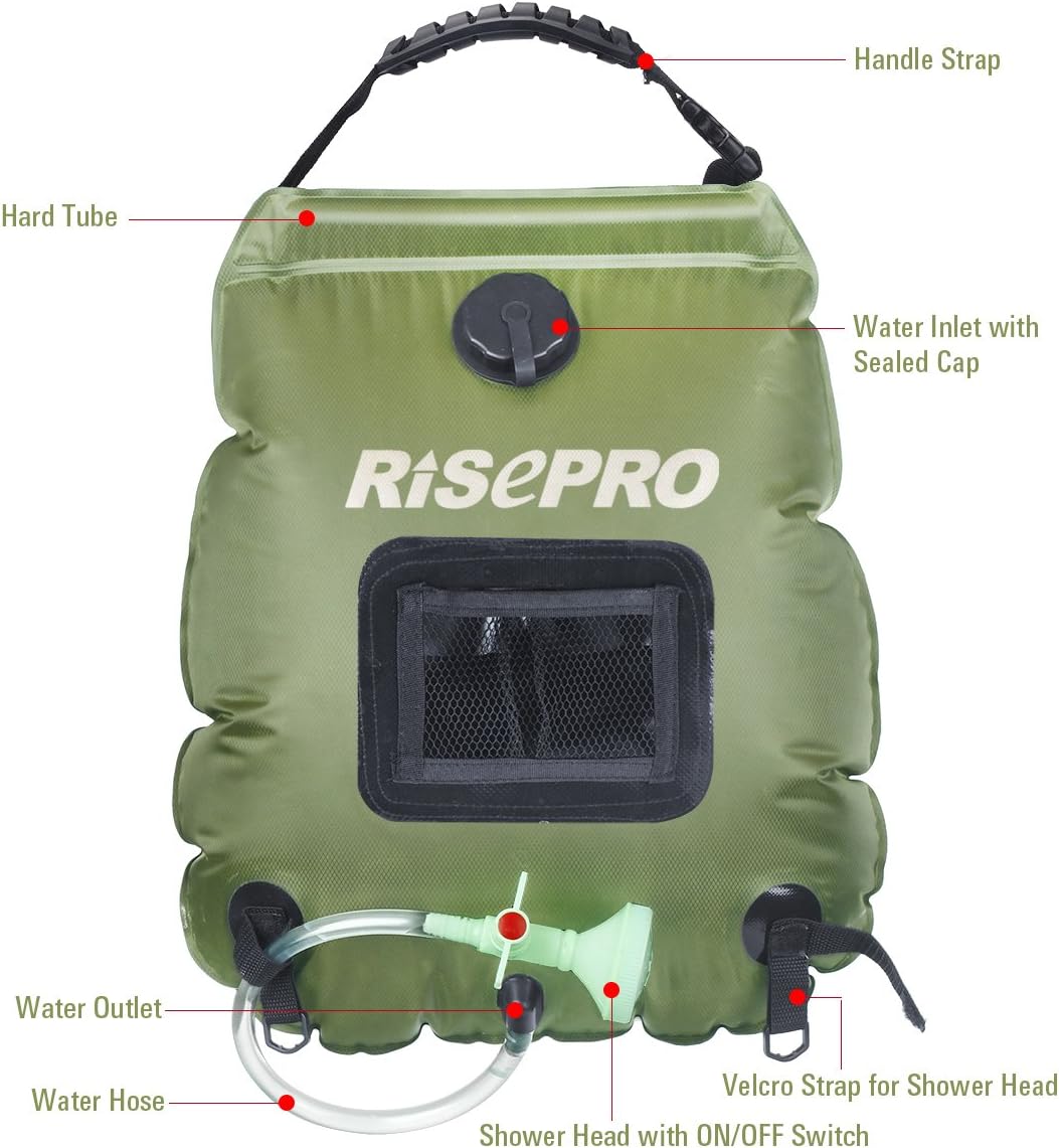 RISEPRO Solar Shower Bag, 5 gallons/20L Solar Heating Premium Camping Shower Bag Hot Water with Temperature 45°C Removable Hose on/Off Switchable Shower Head Hiking Climbing Summer Shower K8 : Sports & Outdoors