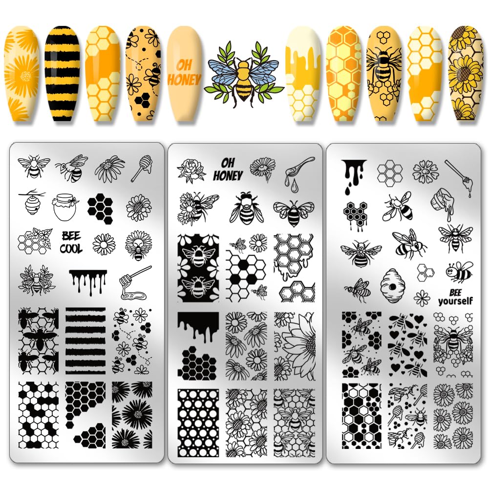 Photo 1 of PH PandaHall 3pcs Honeycomb Nail Stamping Plates, Spring Bee Honey Nail Stamper Sunflower Art Stencils Stainless Steel Image Plate for Nails Art Design Manicure Salon