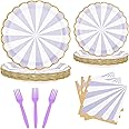 UVTQSSP 96PCS Party Plates, Purple Paper Plates and Napkins, Disposable Tableware Set, Party Supplies for Kids Birthday Wedding Baby Shower Picnic, Serve for 24 Guests, Purple and White