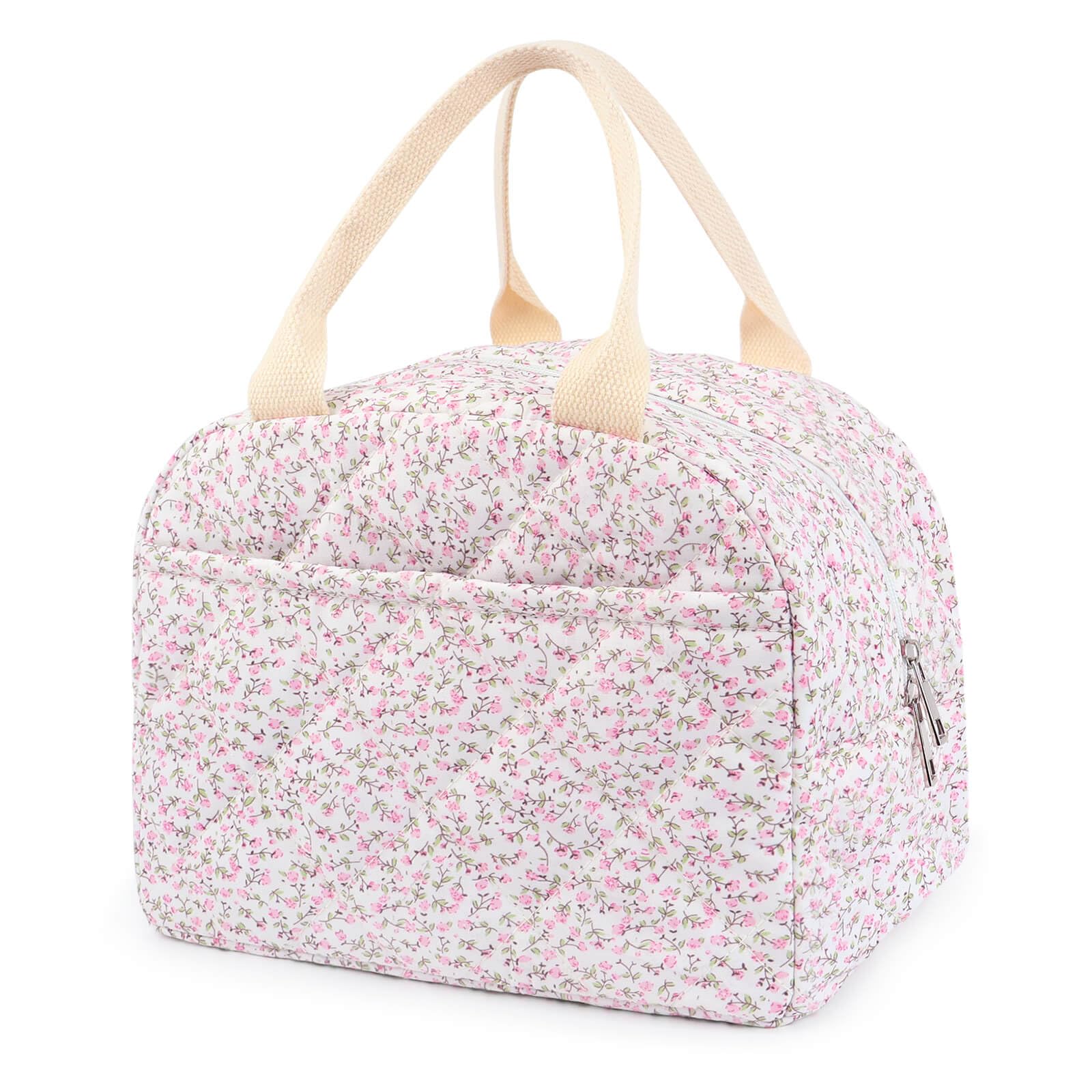 Photo 1 of Cotton Quilted Insulated Lunch Bag, Cute Quilted Floral Lunch Tote Bags Reusable Insulated Lunch Box Coquette Aesthetic Large Capacity Insulated Cooler for Women Work Travel Picnic (Pink)