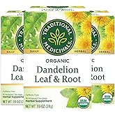 Traditional Medicinals Organic Dandelion Leaf & Root Herbal Tea, Supports Kidney Function & Healthy Digestion, (Pack of 3) - 48 Tea Bags Total