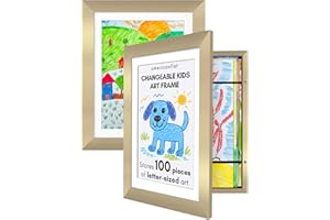 Americanflat Kids Artwork Frame Changeable (Gold) - Magnetic Door Holds 100 Art Pieces - 8.5x11 Letter Size Display with Mat or 10x12.5 Without Mat - My Mini Masterpiece (Set of 2)
