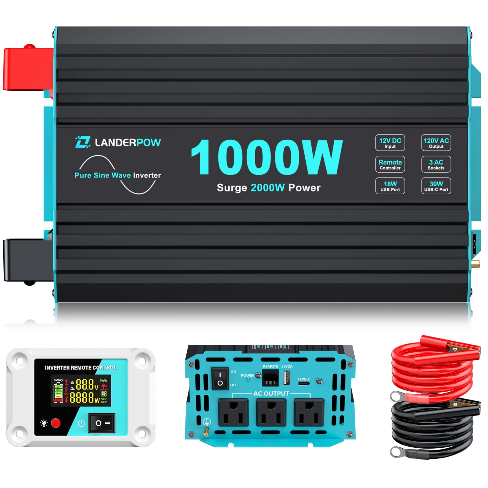 Photo 1 of ***FOR PARTS ONLY*** LANDERPOW 1000 Watt Pure Sine Wave Inverter, Power Inverter for Car, Camping, Solar, RV, Truck, Home, 12V DC to 120V AC Inverters with 3 AC Outlet, 30W USB-C, 5V 3.1A USB, Remote Control, Surge 2000W