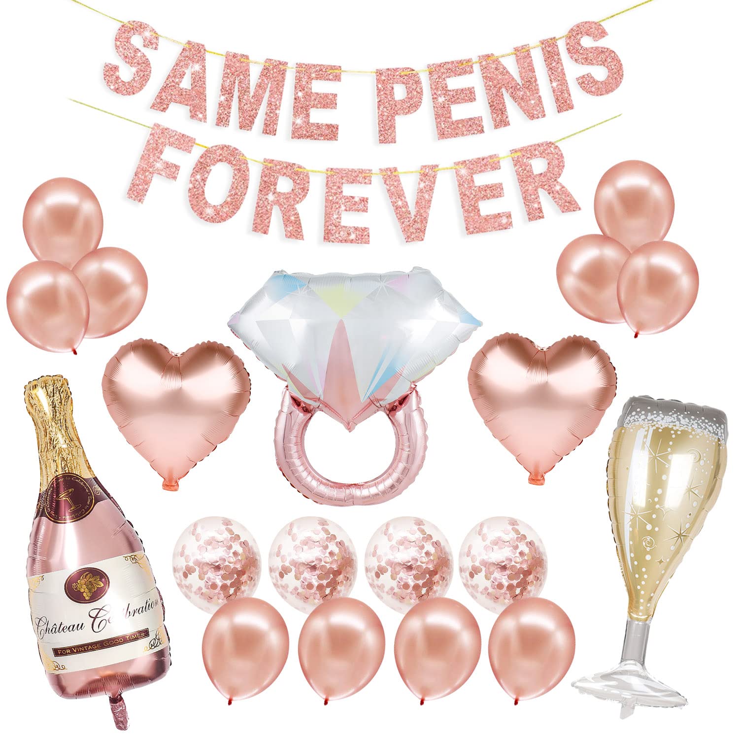 Yueshop Hen Party Decoration Balloons, Rose Gold “SAME PENIS FOREVER” Banner, 4PCS Sequin Balloons, 10 PCS Latex Balloons, 5 PCS Different Shape Foil Balloons, 10M Ribbon for Bridal Shower Decoration