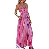 CUPSHE Women Maxi Dresses Spaghetti Straps V Neck Sleeveless Belted Beach Boho Ruffled Summer Pockets Vacation Casual Dress
