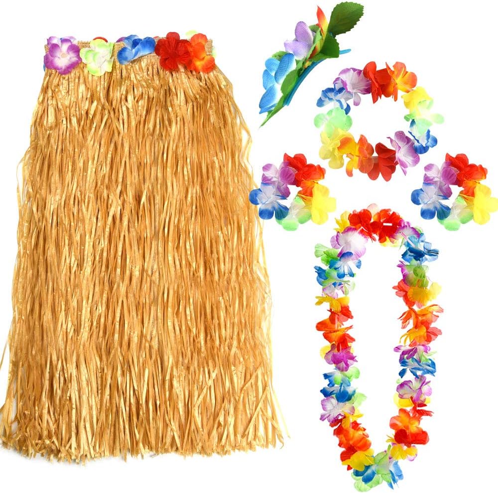 FEPITO Hawaiian Grass Hula Skirts Sets Include Flower Leis Necklace Headband Bracelets Luau Skirts for Hawaii Costume Tropical Luau Birthday Party Supplies (1 Set)