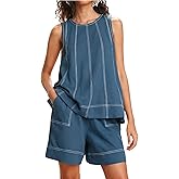 Majdan Womens 2 Piece Lounge Set Summer Shorts Set Sleeveless Tank Top Elastic Waist Shorts with Pockets