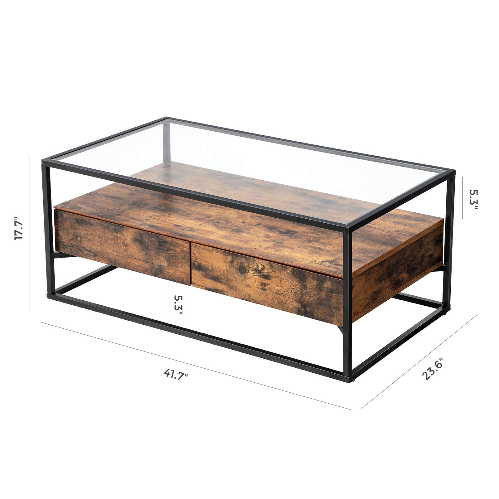 VASAGLE Industrial Coffee Table, Tempered Glass Top with 2 Drawers and