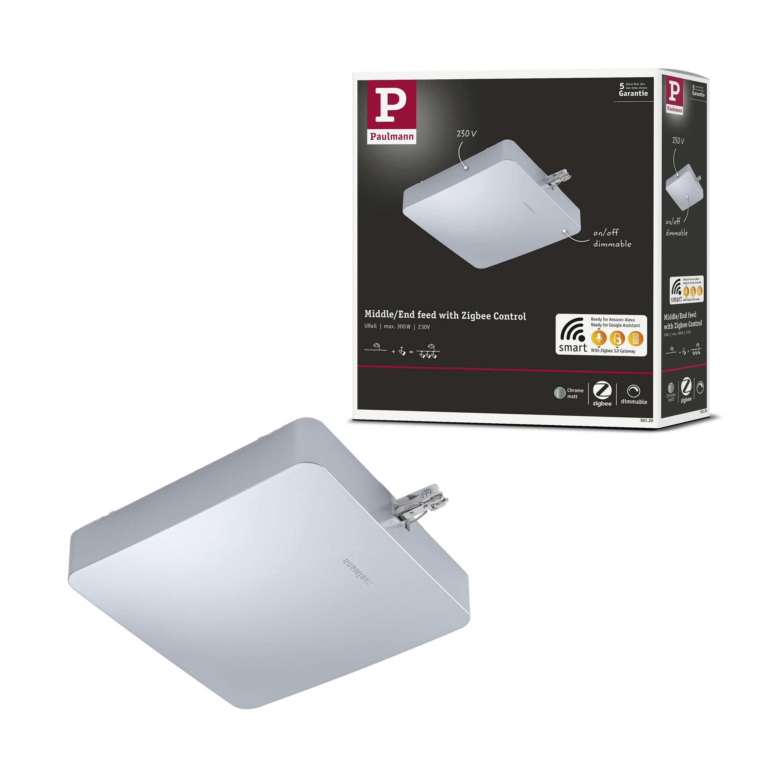 Paulmann 50120 Smart Home Zigbee 3.0 URail Middle Feed 227x196mm max. 300W Chrome matt Rail System