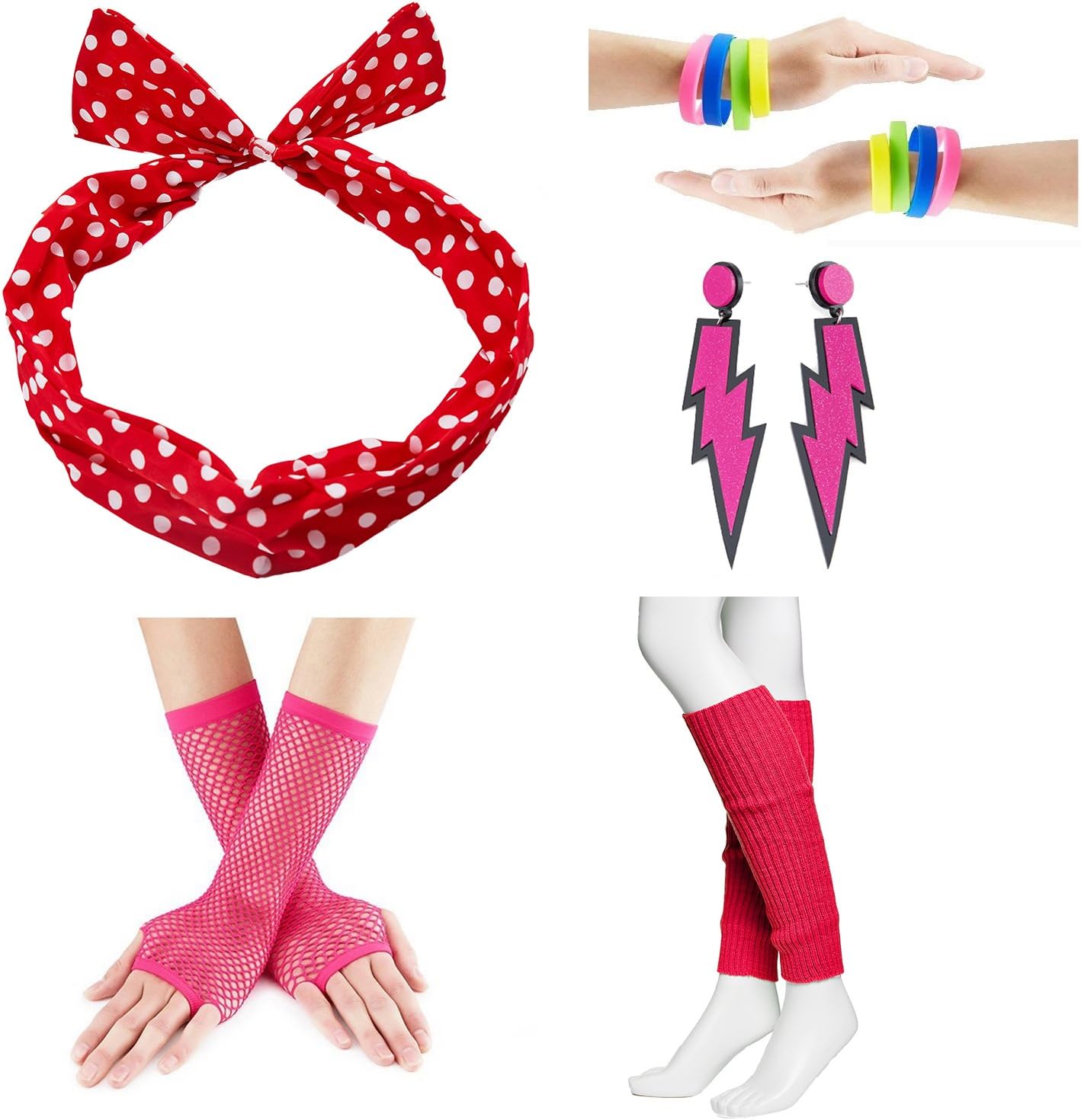 80s Fancy Outfit Costume Accessories Set,Leg Warmers,Fishnet Gloves,Earrings, Headband, Bracelet and Beads