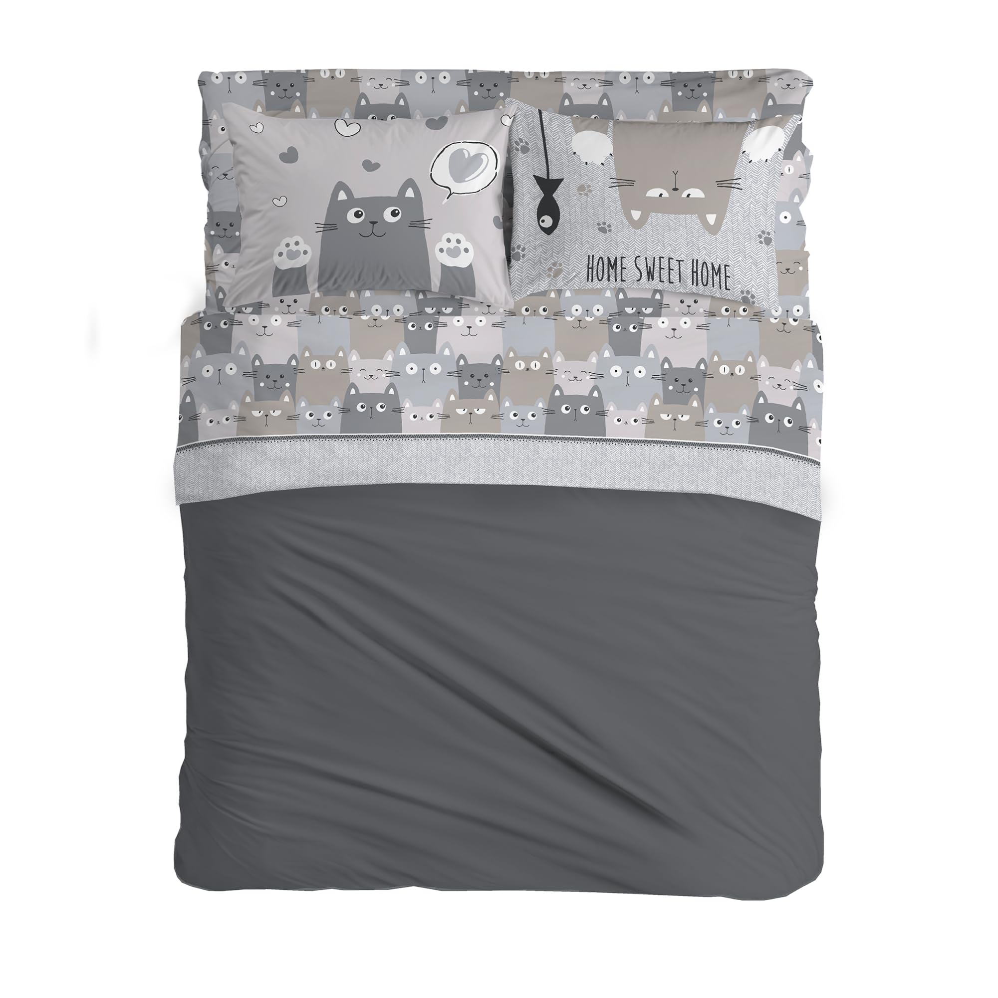 PENSIERI DELICATI Double Bed Set 100% Cotton, Complete Double Bed Sheet Set, 180 x 200 cm, Including Bottom Sheet, Top Sheet and 2 Pillowcases, Made in Italy, Happycat Grey Pattern