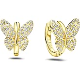 Sterling Silver Plated 14K Gold Cubic Zirconia Butterfly Earrings Small Butterflies Hoops Huggie Earrings Dainty Simple Minimalist Design Butterfly Jewelry for Mother's Day Valentine Birthday Gifts
