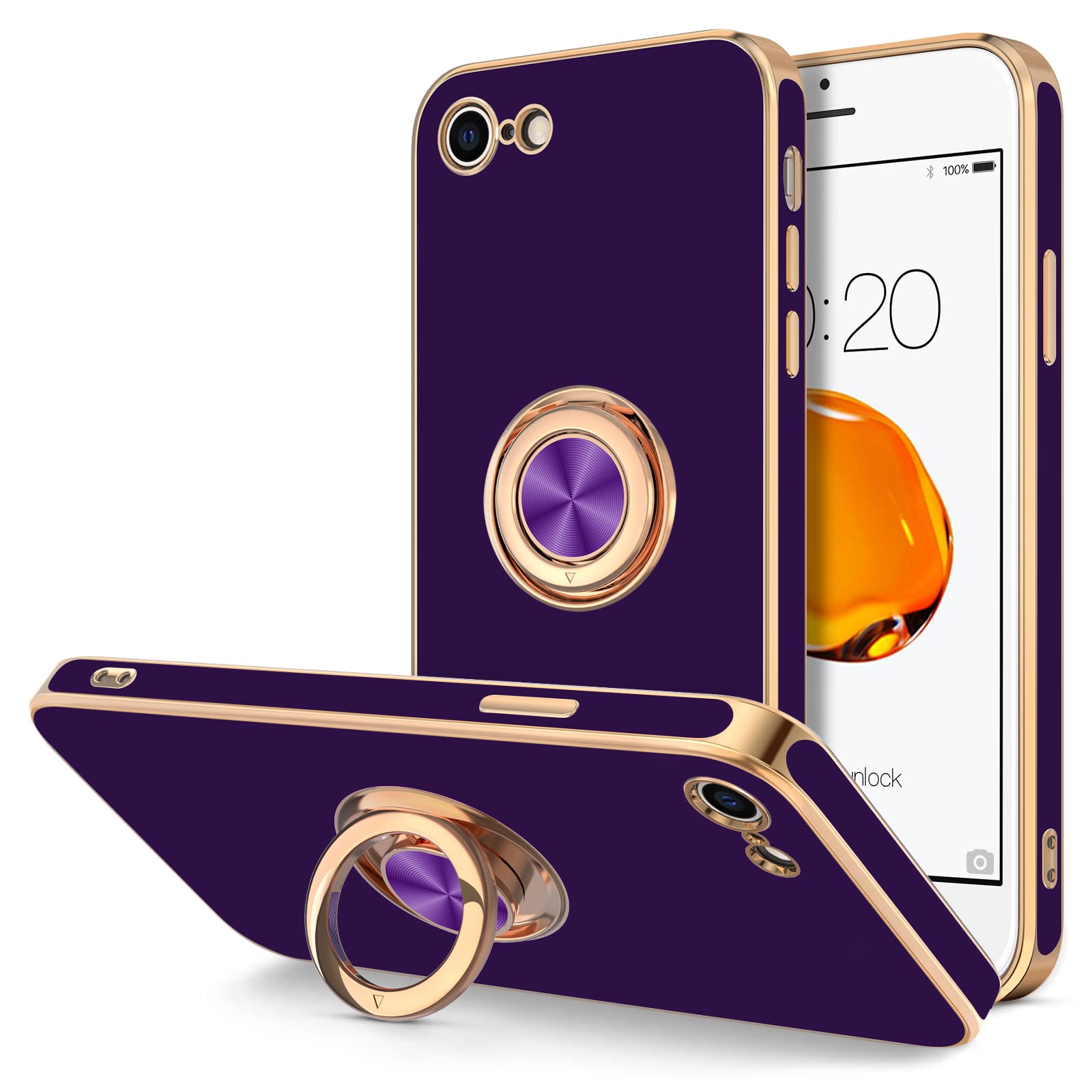 Photo 1 of Hython Case for iPhone SE Case 2022/2020, iPhone 8 7 Case Ring Holder Stand Magnetic Kickstand, Plating Gold Edge Soft TPU Bumper Cover Shockproof Protective Phone Cases Women Girls Boys, Dark Purple