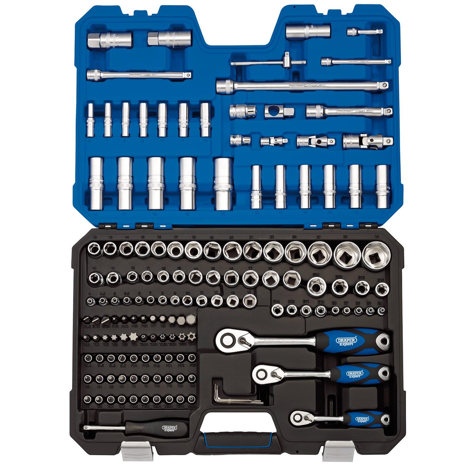 Draper 149 Piece Metric Socket And Socket Bit Set - 1/4", 3/8" And 1/2" Sq. Dr. - 16461 - Chrome Vanadium Steel - Blue - ‎Satin Finish