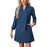 Women's Corduroy Dress 3/4 Sleeve V Neck Stand Collar Casual Vintage Fall Mini Shift Dress with Pocket