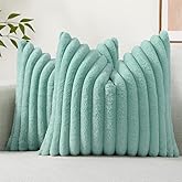 decorUhome Cozy Faux Fur Spring Throw Pillow Covers 18x18 Set of 2 Decorative Soft Plush Striped Modern Farmhouse Boho Couch Pillow Cases with Velvet Back for Sofa Bed Living Room, Aqua