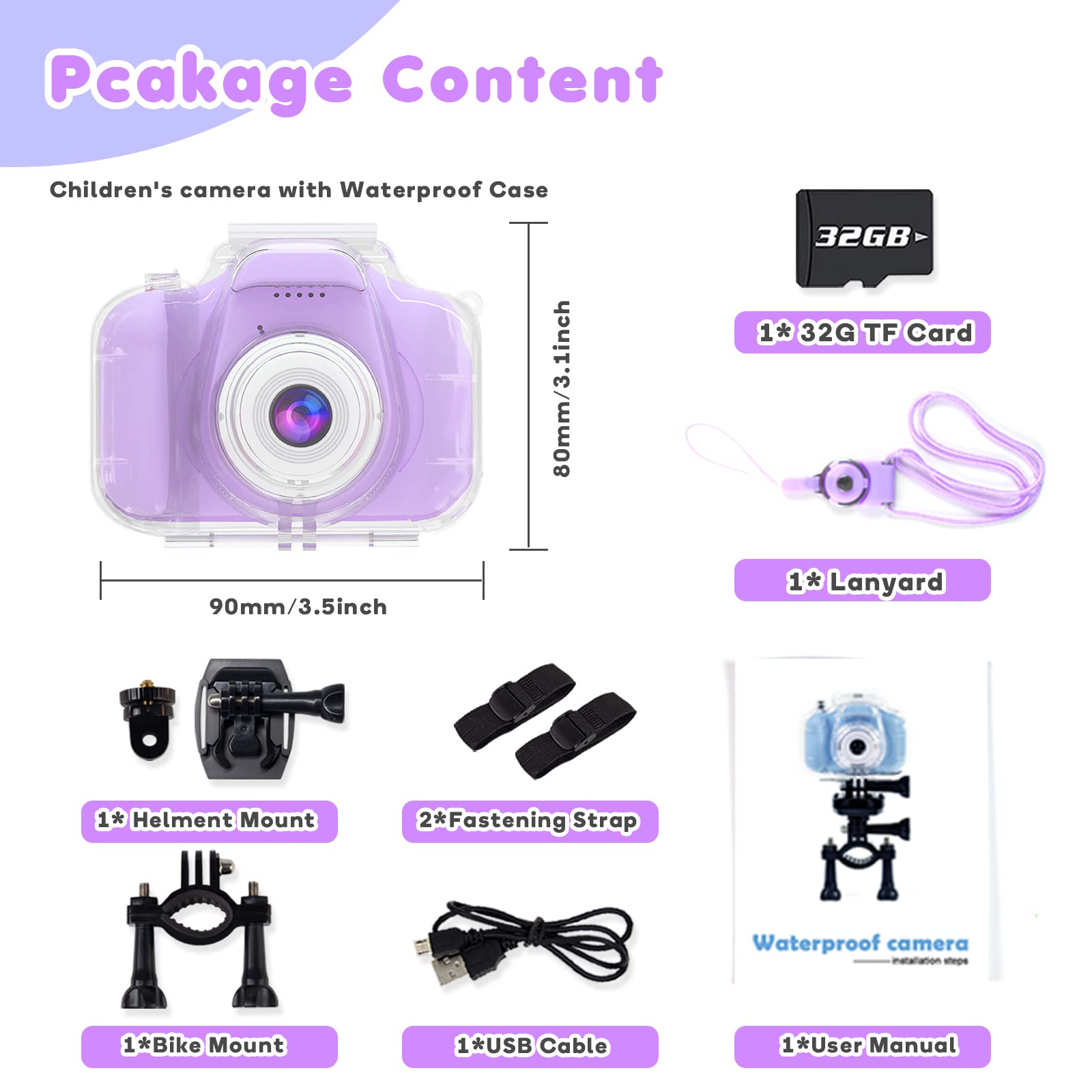 Yoophane Gifts for 6 7 8 9 10 Year Old Girls Kids Waterproof Camera Christmas Birthday Gifts Toys for Girls Age 3-12 1080P Digital Toddler Camera with 32GB SD Card (Purple)