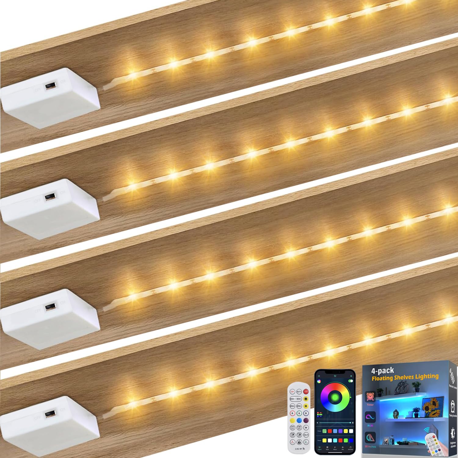 Photo 1 of Battery Powered LED Strip Lights 20 inch x 4 Pack, Wireless LED Strip Lights for Bedroom Color Changing APP Remote, Led Lights for TV, Kitchen Under Cabinet Lighting, Shelves, Under Counter, Closet