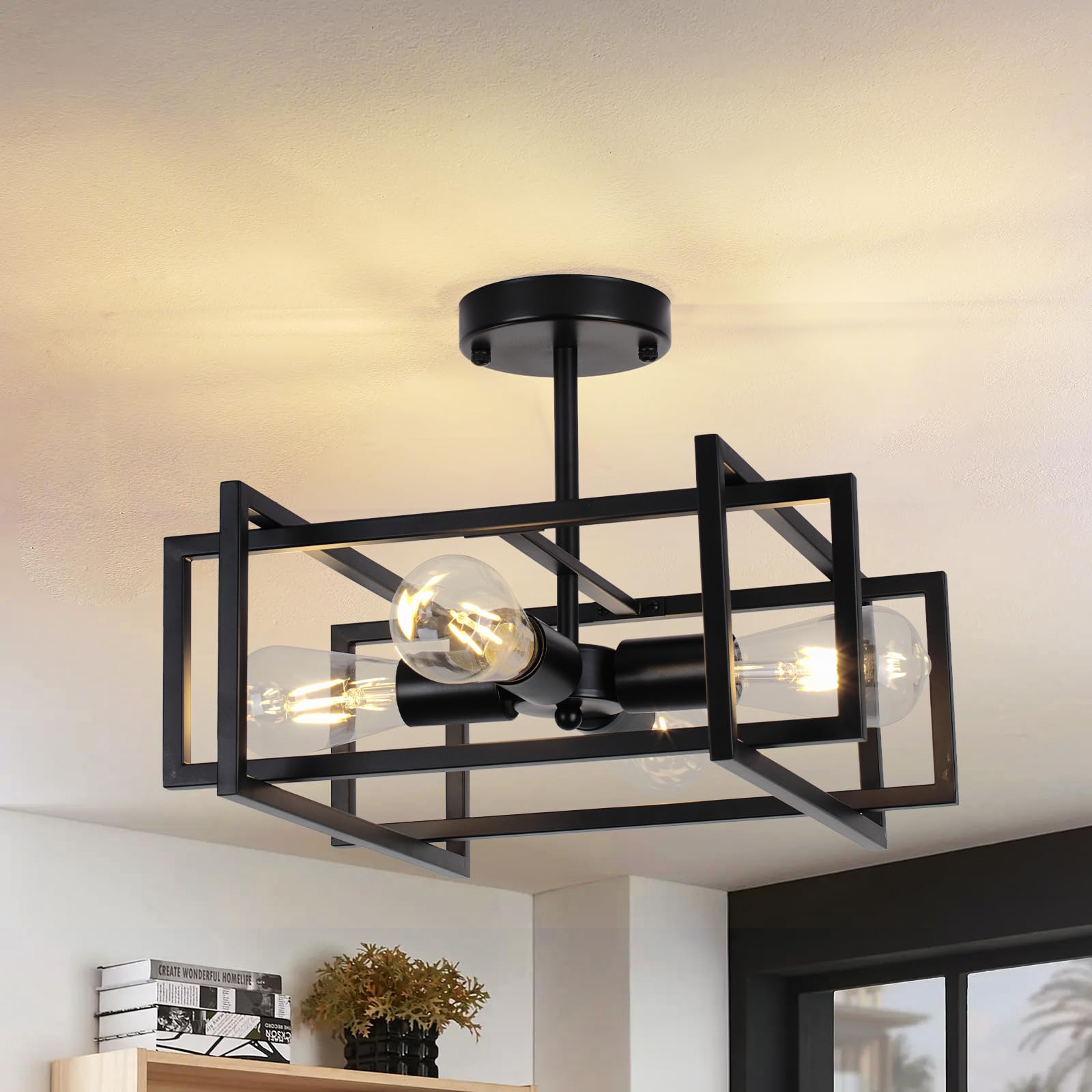 Photo 1 of Fenluster Industrial Semi Flush Mount Ceiling Light Fixture,4-Light Kichen Light Fixture Ceiling Mount,Farmhouse Chandelier,Modern Black Ceiling Light for Dining Room, Bedroom, Hallway