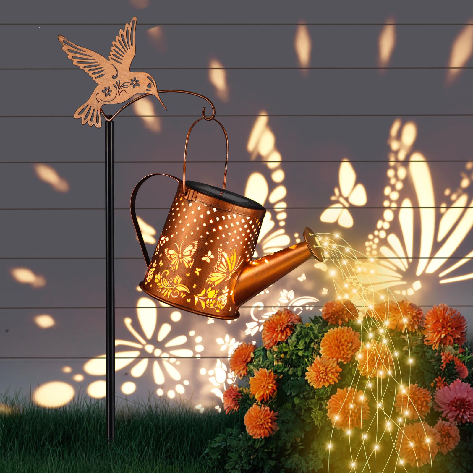 Photo 1 of Outdoor Hanging Solar Lantern Waterproof Set Outside Metal Openwork Butterfly Watering can Landscape Lights for Garden Yard Patio Pathway Decor Birthday Gifts for Women Mom Grandma -with Floor Pole